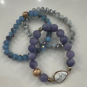Purple Beaded Stretch Bracelet Set with White Marble Charm